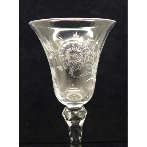 734 - A Jacobite glass, circa 1780, engraved with two bees and faceted stem, 17cm