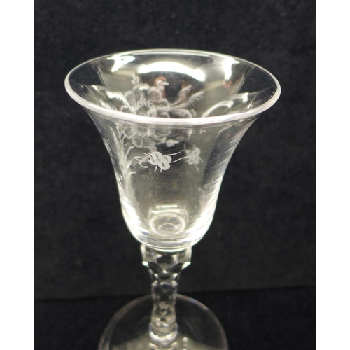 734 - A Jacobite glass, circa 1780, engraved with two bees and faceted stem, 17cm