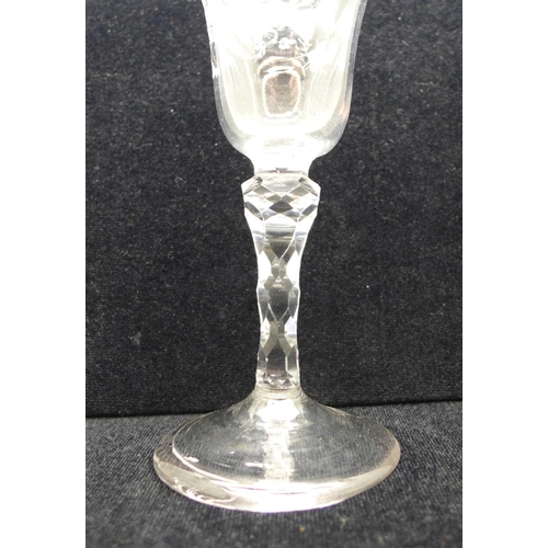 734 - A Jacobite glass, circa 1780, engraved with two bees and faceted stem, 17cm