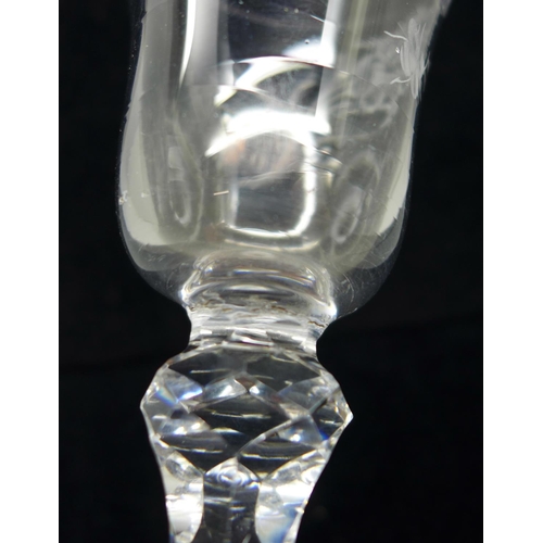 734 - A Jacobite glass, circa 1780, engraved with two bees and faceted stem, 17cm