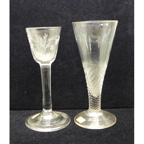 754 - A wrythen ale glass, circa 1770, 14.5cm with wine glass circa 1750, engraved ogee bowl over conical ... 