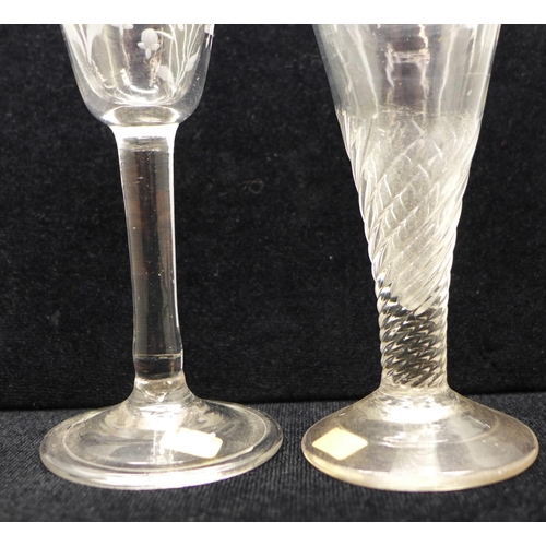 754 - A wrythen ale glass, circa 1770, 14.5cm with wine glass circa 1750, engraved ogee bowl over conical ... 