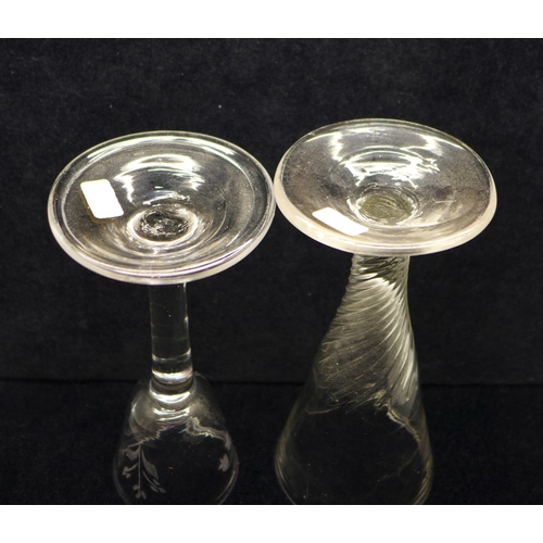 754 - A wrythen ale glass, circa 1770, 14.5cm with wine glass circa 1750, engraved ogee bowl over conical ... 