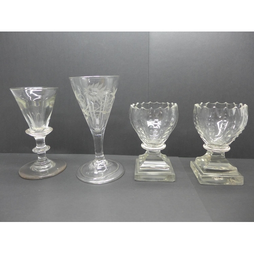 757 - Three 18th Century short ale glasses each engraved with hoho bird and flowers, a pair of bonnet glas... 