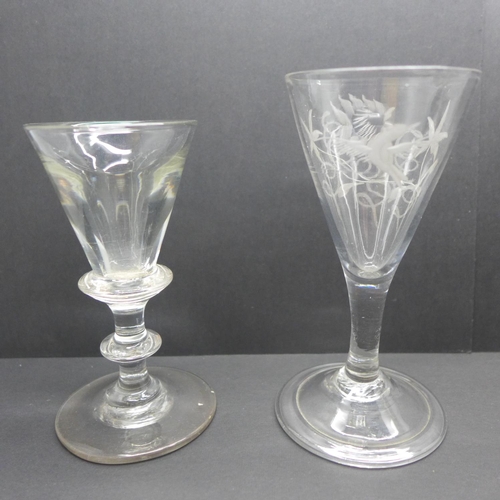 757 - Three 18th Century short ale glasses each engraved with hoho bird and flowers, a pair of bonnet glas... 