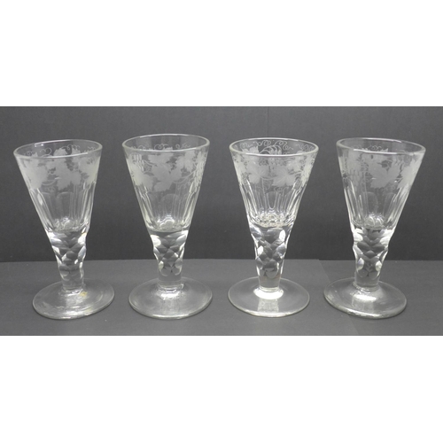 758 - Four 19th Century glasses, conical bowl, etched with grapes and vines, 12cm