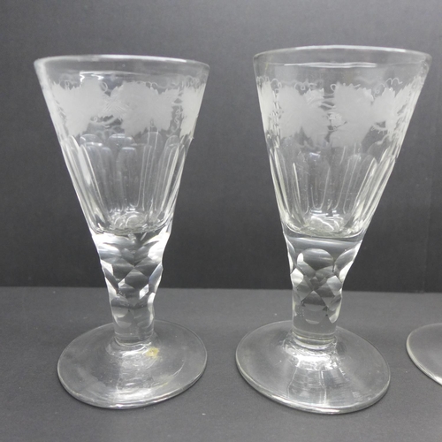 758 - Four 19th Century glasses, conical bowl, etched with grapes and vines, 12cm