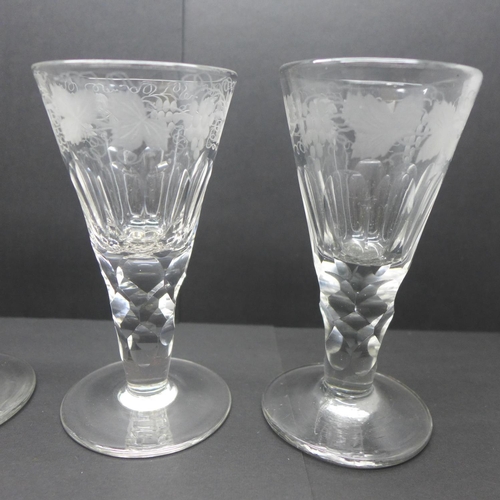 758 - Four 19th Century glasses, conical bowl, etched with grapes and vines, 12cm