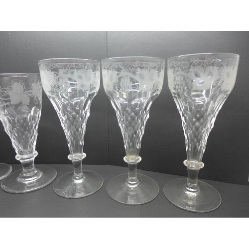 759 - A set of five etched faceted stem drinking glasses