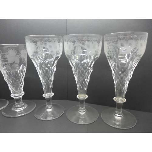 759 - A set of five etched faceted stem drinking glasses