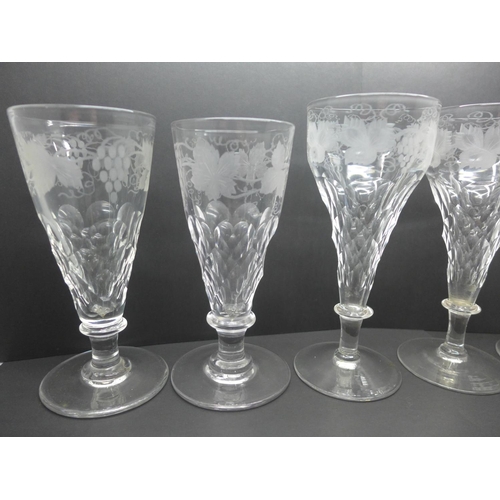 759 - A set of five etched faceted stem drinking glasses