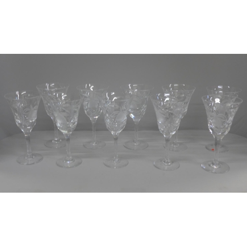 761 - Ten cut crystal wine glasses by Royal Brierley, 'Fushia' pattern