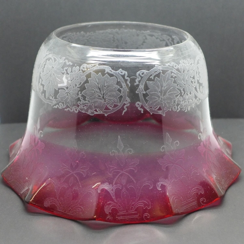 773 - A large etched cranberry glass oil lamp shade