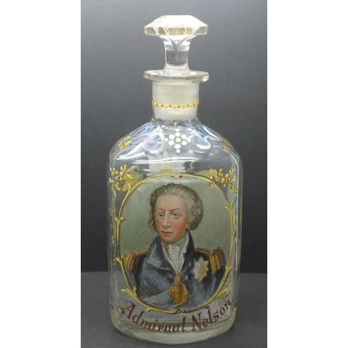 789 - A Dutch painted and enamel glass decanter with portrait of 'Admiraal Nelson'