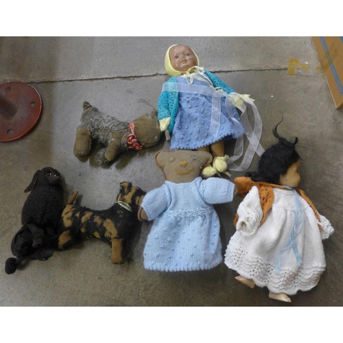 791 - A collection of soft toys and two dolls including Pedigree