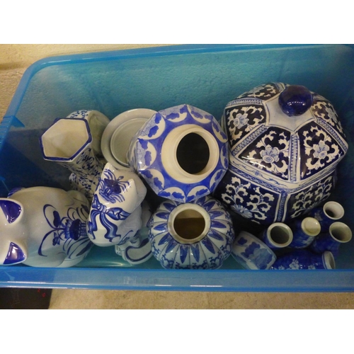 797 - Two boxes of blue and white china and other mixed china including Wedgwood Jasperware, Aynsley and H... 