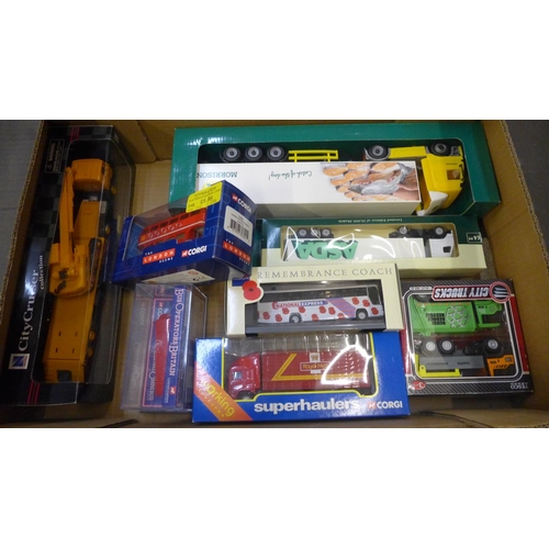 808 - A box of die-cast model vehicles including Corgi trucks and lorries, boxed