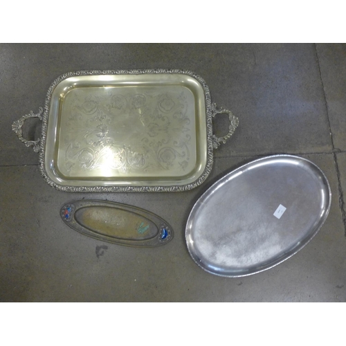 850 - Two plated trays and an Arts and Crafts tray