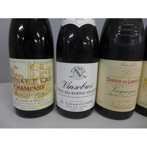 856 - Six bottles of wine, 1997 Cote-Rotie, 2000 Beaune, 2001 Volunay 1er Cru Champons, 2012 Beaujolais Le... 