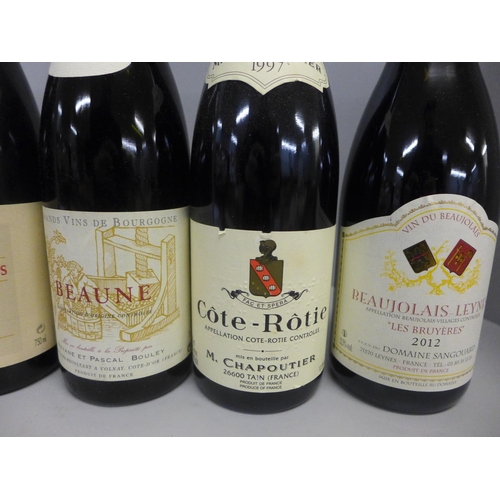 856 - Six bottles of wine, 1997 Cote-Rotie, 2000 Beaune, 2001 Volunay 1er Cru Champons, 2012 Beaujolais Le... 