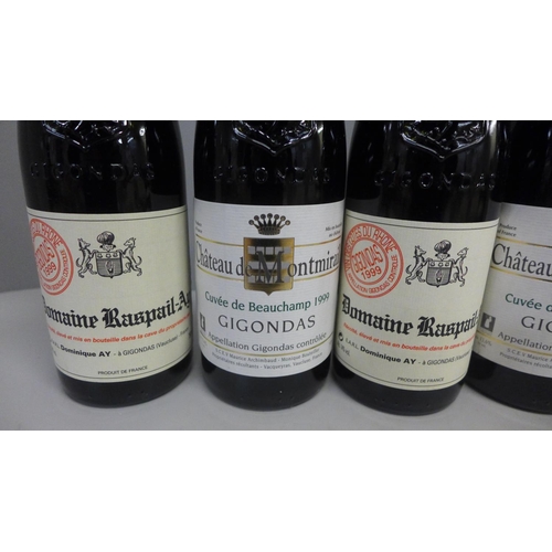 858 - Six bottles of wine, 3 x Gigondas Cuvee de Beauchamp 1999, 2 x Domaine Raspail-Ay and a 1978 Cornas ... 