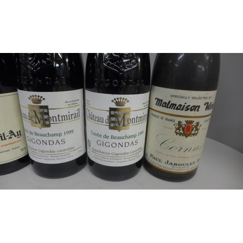 858 - Six bottles of wine, 3 x Gigondas Cuvee de Beauchamp 1999, 2 x Domaine Raspail-Ay and a 1978 Cornas ... 