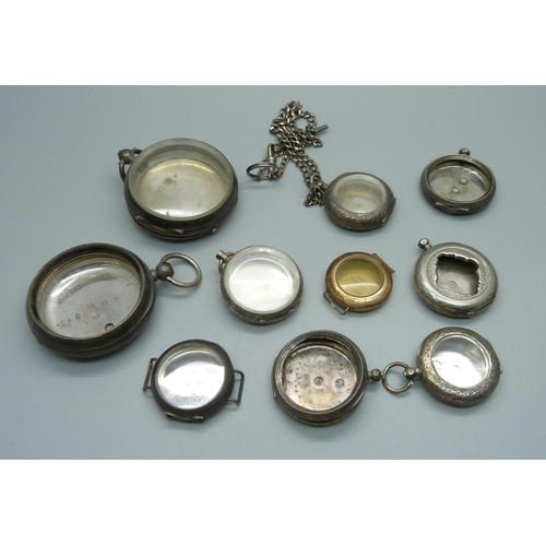 951 - Pocket and fob watch cases, mainly silver and two trench watch cases