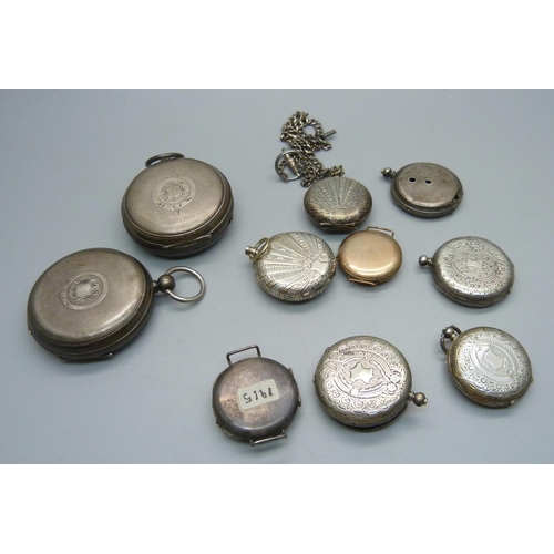 951 - Pocket and fob watch cases, mainly silver and two trench watch cases