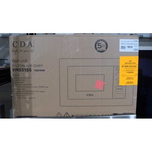 3087 - CDA Stainless Steel Wall Microwave (700W) (H382xW595xD300) (Model: VM551SS) (391-144) *This lot is s... 