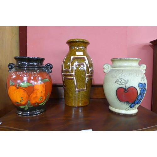 150 - A West German Scheurich Keramik 290-40 vase and a pair of similar West German Rumtoptf glazed jars