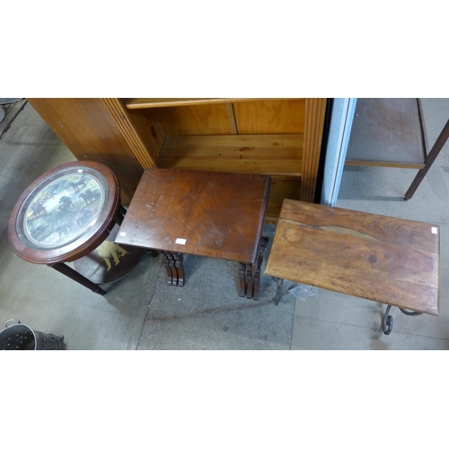 359 - A mahogany drop-leaf nest of tables, a circular occasional table and a wrought steel and hardwood oc... 