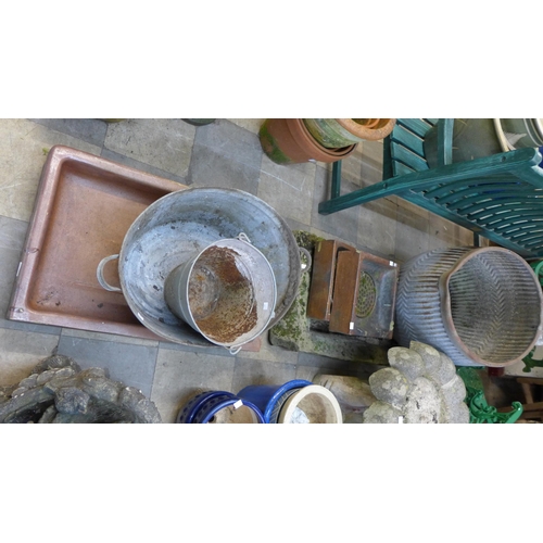 384 - A Victorian saltglazed sink, a reconstituted stone sink, a pair of grates, a galvanised bucket and t... 