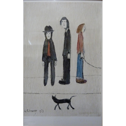 409 - Laurence Stephen Lowry RBA RA (1887-1976), Three Men and a Cat, signed print, FATG, JJE blind stamp ... 