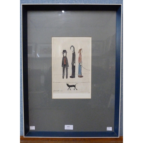 409 - Laurence Stephen Lowry RBA RA (1887-1976), Three Men and a Cat, signed print, FATG, JJE blind stamp ... 