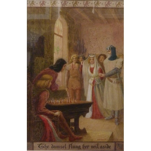 418 - Herbert Green, King Alfred playing chess, watercolour, dated 1908, framed