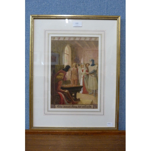 418 - Herbert Green, King Alfred playing chess, watercolour, dated 1908, framed