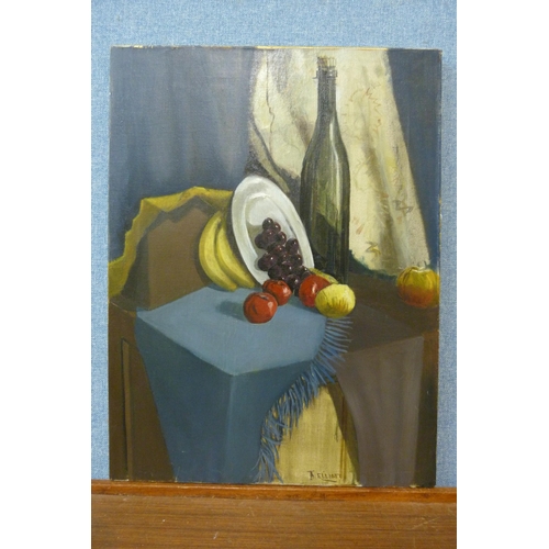 423 - T. Elliot, still life, oil on canvas, circa 1930, unframed