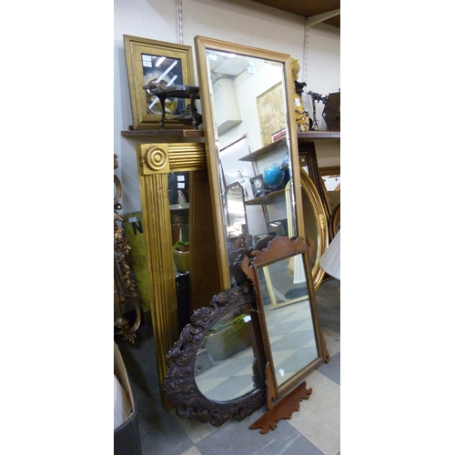 482 - Two gilt framed mirrors, a George II style mahogany and parcel gilt framed mirror and a simulated ca... 