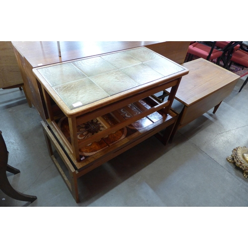 63 - Two teak and tiled top coffee tables and a teak drop leaf coffee table