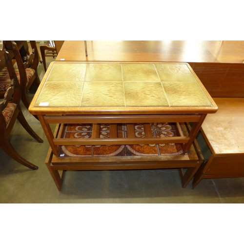 63 - Two teak and tiled top coffee tables and a teak drop leaf coffee table