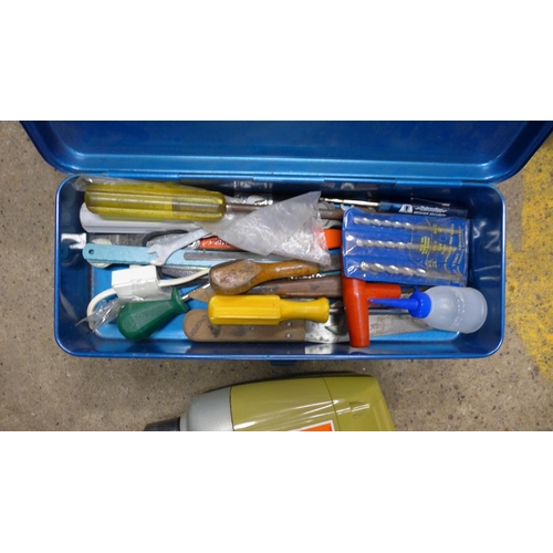 2029 - Plastic tool box and qty. of tools, Black and Decker single speed power drill and a metal tool box c... 