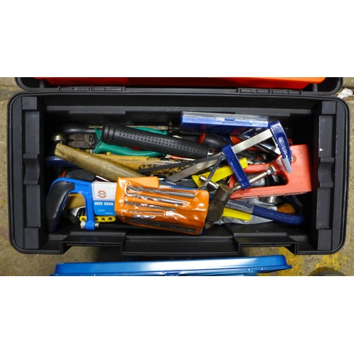 2029 - Plastic tool box and qty. of tools, Black and Decker single speed power drill and a metal tool box c... 