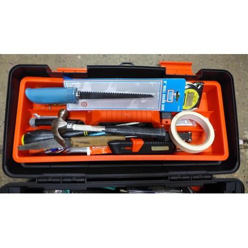 2029 - Plastic tool box and qty. of tools, Black and Decker single speed power drill and a metal tool box c... 