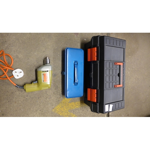 2029 - Plastic tool box and qty. of tools, Black and Decker single speed power drill and a metal tool box c... 