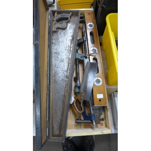 2053 - Log saw, plank saw other assorted saws and a selection of G-clamps