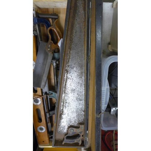 2053 - Log saw, plank saw other assorted saws and a selection of G-clamps