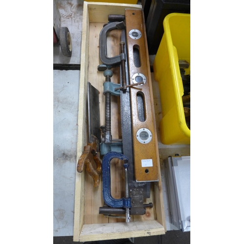 2053 - Log saw, plank saw other assorted saws and a selection of G-clamps