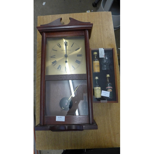 2175 - Wooden cased clock and a set of Scotch whisky miniatures with drinking glass