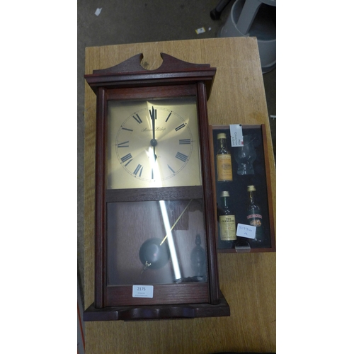 2175 - Wooden cased clock and a set of Scotch whisky miniatures with drinking glass