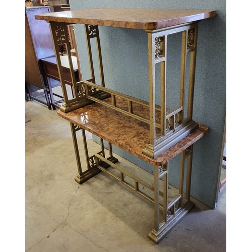 347 - A pair of Art Deco style burr walnut effect and gilt cast iron pub tables